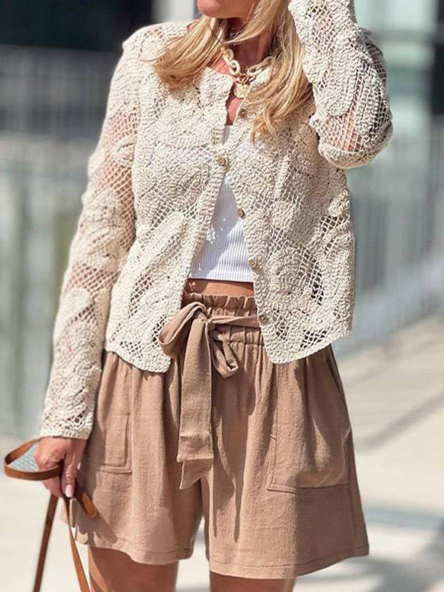 Levoire | Chemisier En Dentelle Unie Avec Patte De Boutonnage Col Rond À Manches Longues Dames Élégant Vintage Décontracté Blouse