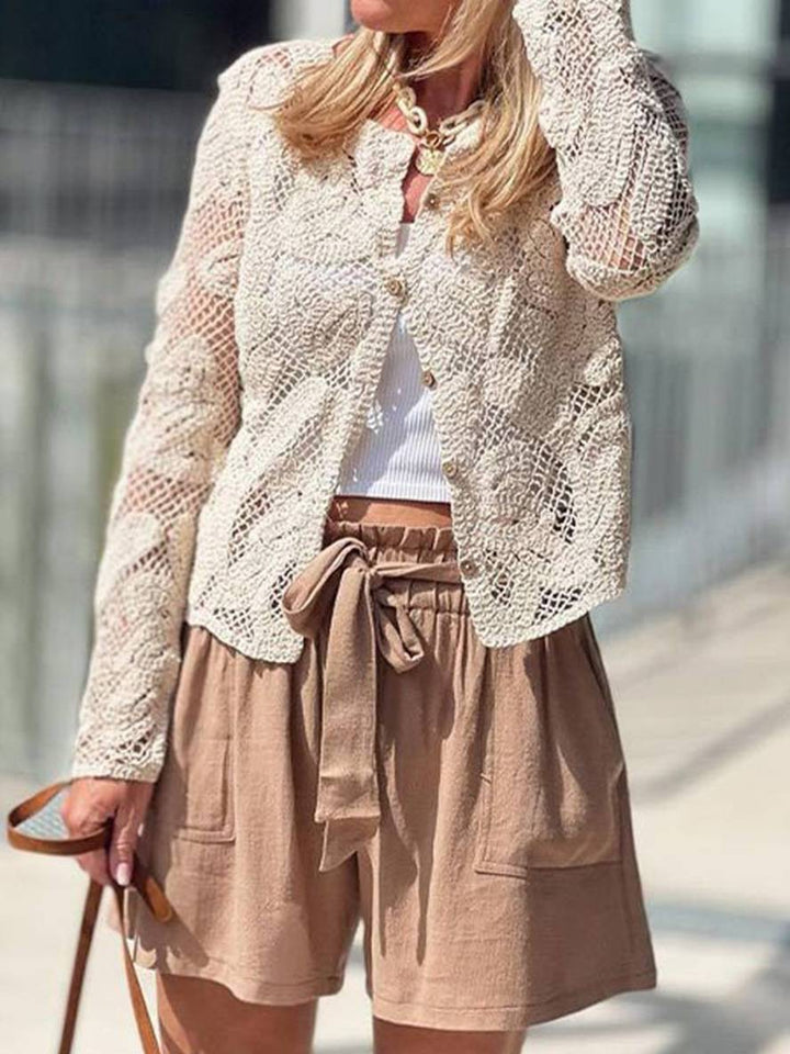 Levoire | Chemisier En Dentelle Unie Avec Patte De Boutonnage Col Rond À Manches Longues Dames Élégant Vintage Décontracté Blouse