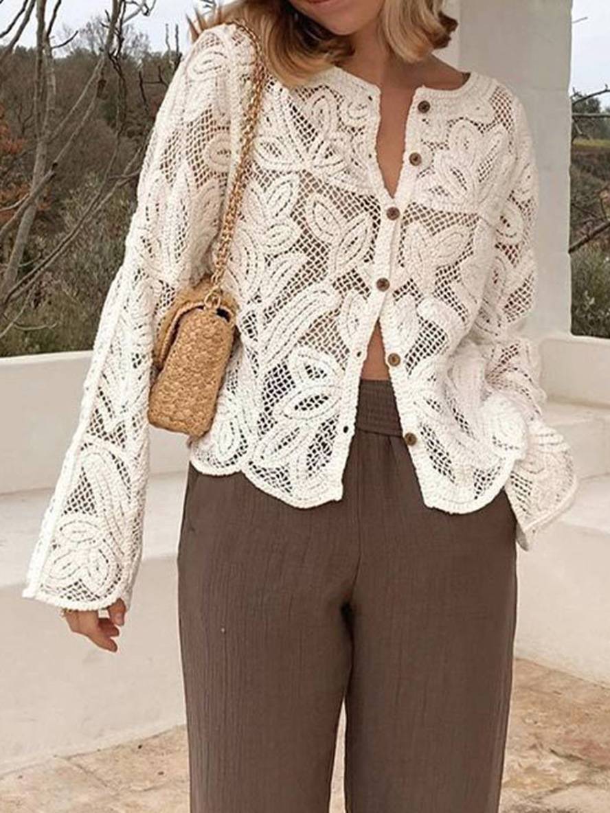 Levoire | Chemisier En Dentelle Unie Avec Patte De Boutonnage Col Rond À Manches Longues Dames Élégant Vintage Décontracté Blouse