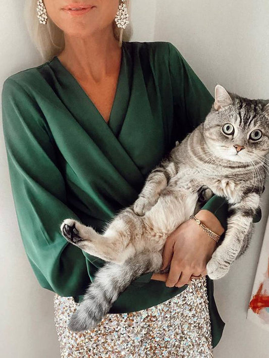 Levoire | Chemisier En Satin Uni À Décolleté En V Avec Nœud, Manches Évêque, Manches Longues, Élégant, Décontracté, Mode