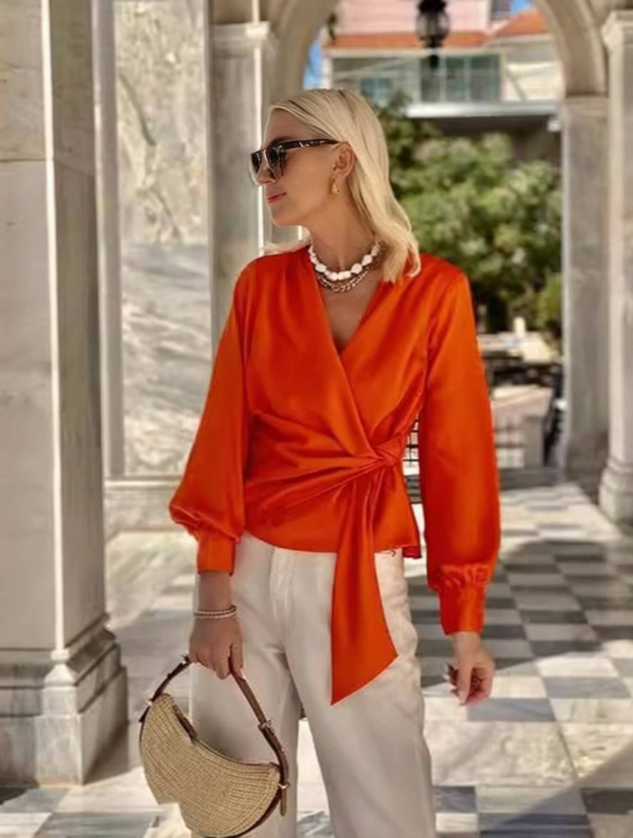 Levoire | Chemisier En Satin Uni À Décolleté En V Avec Nœud, Manches Évêque, Manches Longues, Élégant, Décontracté, Mode