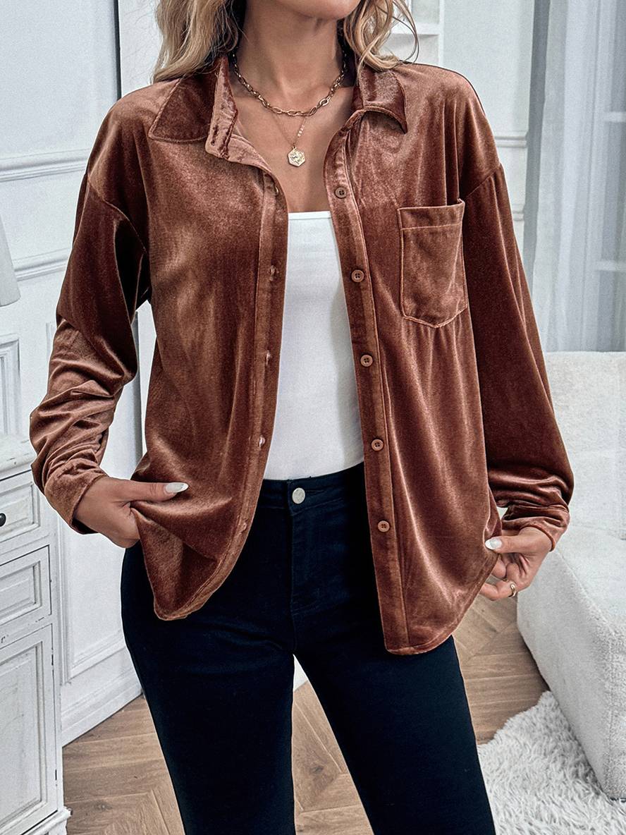 Levoire | Chemisier En Velours Avec Boutons Et Poches, Col Classique, Manches Longues, Vêtements De Loisirs Pour Femmes
