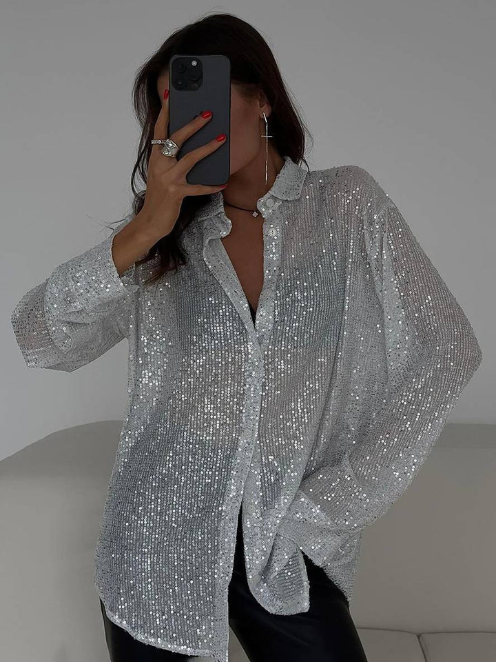 Levoire | Chemisier Brillant Paillettes Col Chemise Manches Longues Femme Élégant Décontracté Oversize Blanc