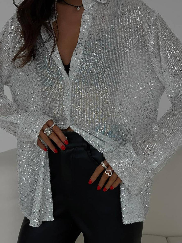 Levoire | Chemisier Brillant Paillettes Col Chemise Manches Longues Femme Élégant Décontracté Oversize