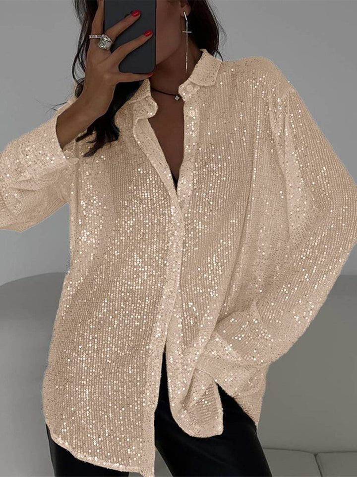Levoire | Chemisier Brillant Paillettes Col Chemise Manches Longues Femme Élégant Décontracté Oversize Champagne