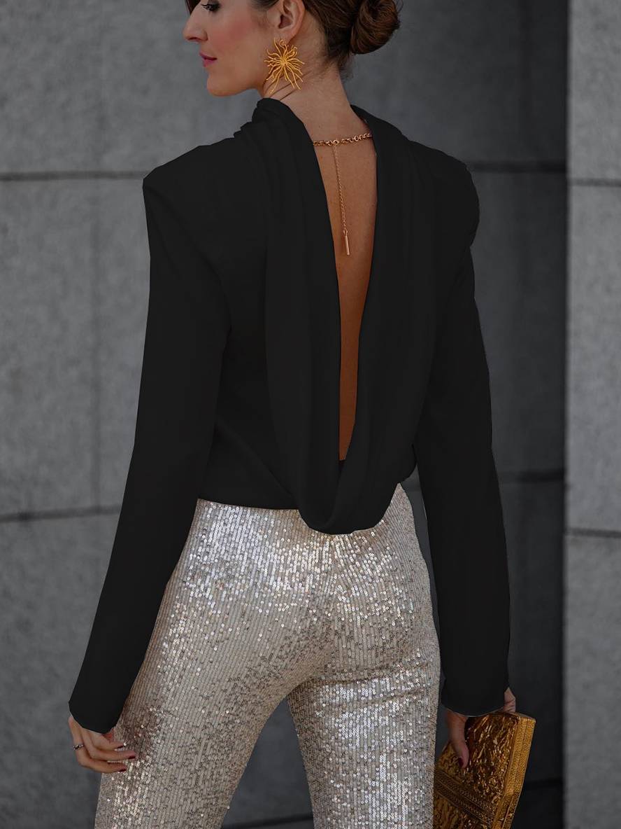 Levoire | Blouse Dos Ouvert Satin Sans Dossier Manches Longues Femme Élégant Décontracté Chemise Noir