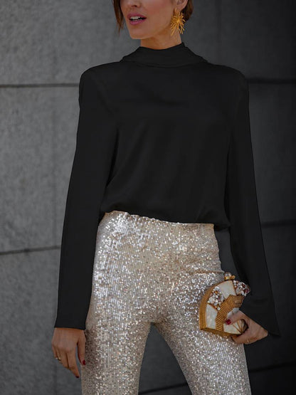 Levoire | Blouse Dos Ouvert Satin Sans Dossier Manches Longues Femme Élégant Décontracté Chemise