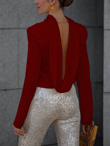 Levoire | Blouse Dos Ouvert Satin Sans Dossier Manches Longues Femme Élégant Décontracté Chemise Bordeaux