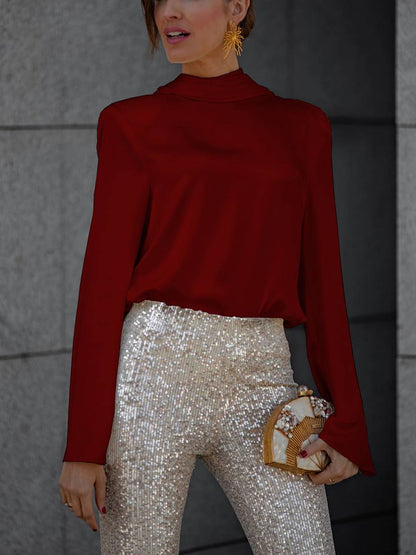 Levoire | Blouse Dos Ouvert Satin Sans Dossier Manches Longues Femme Élégant Décontracté Chemise