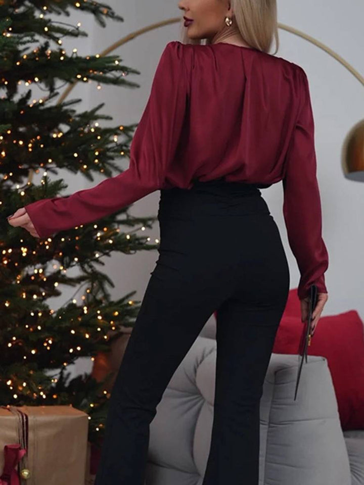 Levoire | Blouse Simple À Décolleté En V Fleurs Manches Longues Pour Dames Style Costume Élégant Mode Décontractée