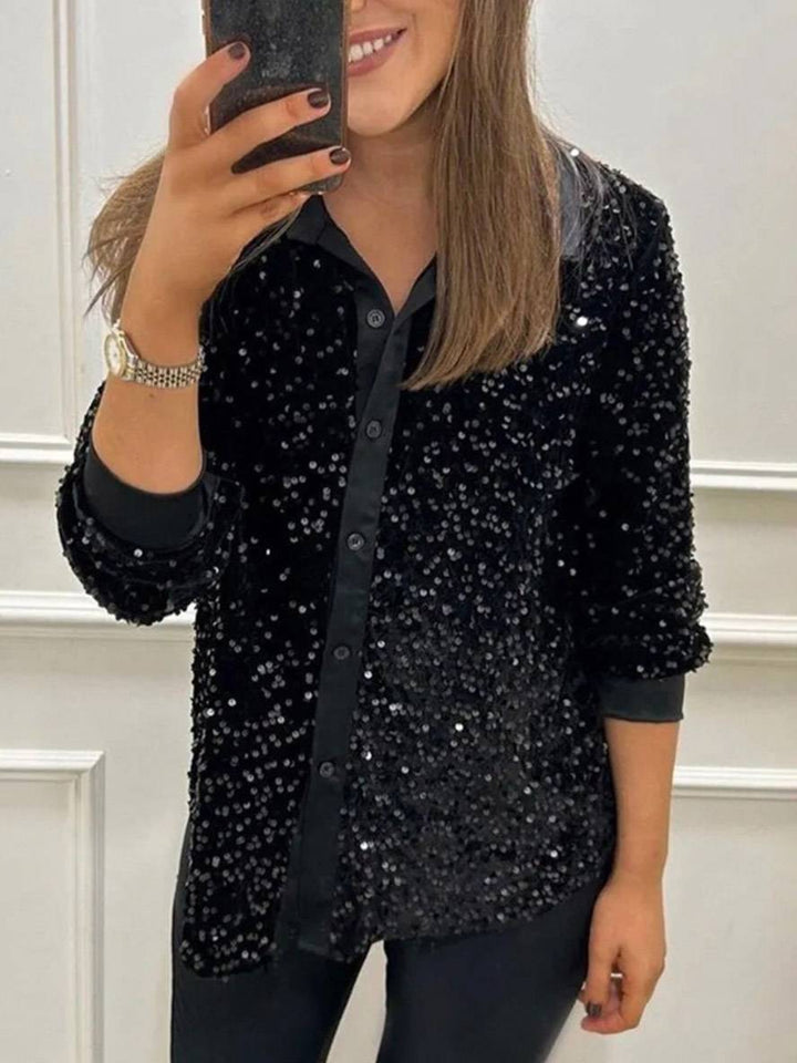Levoire | Brillant Paillettes Unicolor Chemisier Col Boutonné Manches Longues Femme Élégant Décontracté Blouse Noir