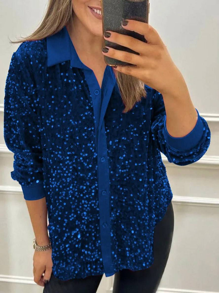 Levoire | Brillant Paillettes Unicolor Chemisier Col Boutonné Manches Longues Femme Élégant Décontracté Blouse Bleu foncé