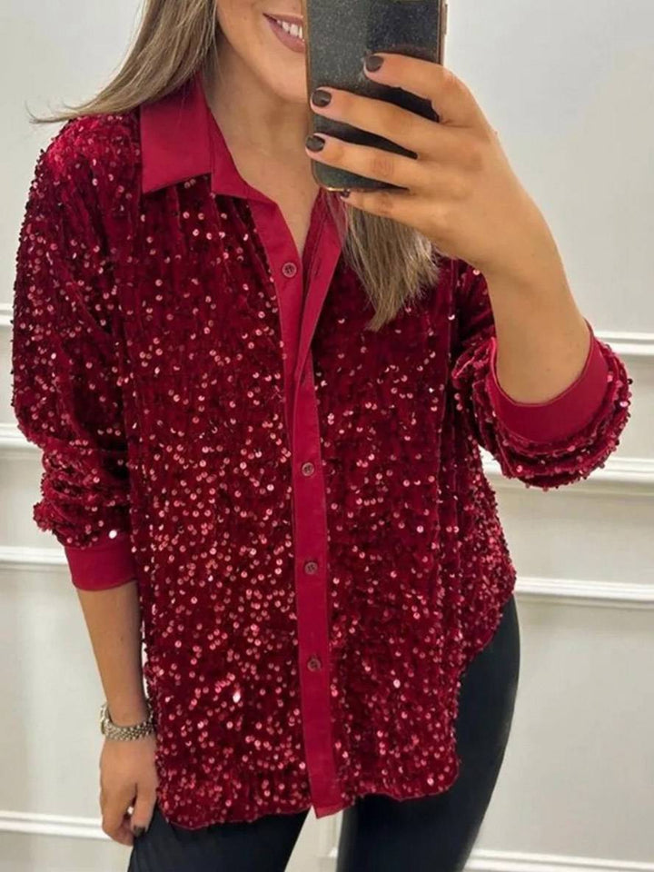 Levoire | Brillant Paillettes Unicolor Chemisier Col Boutonné Manches Longues Femme Élégant Décontracté Blouse Rot