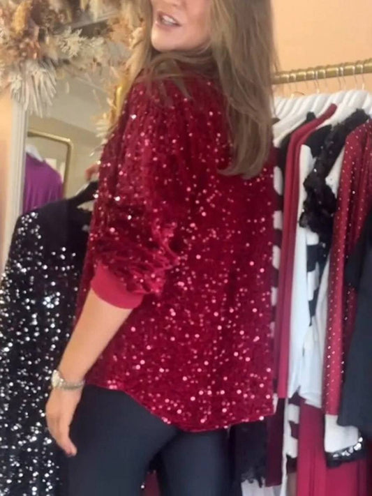 Levoire | Brillant Paillettes Unicolor Chemisier Col Boutonné Manches Longues Femme Élégant Décontracté Blouse
