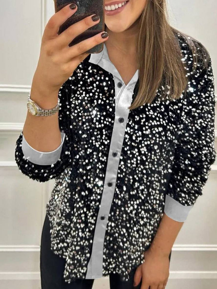 Levoire | Brillant Paillettes Unicolor Chemisier Col Boutonné Manches Longues Femme Élégant Décontracté Blouse Argent
