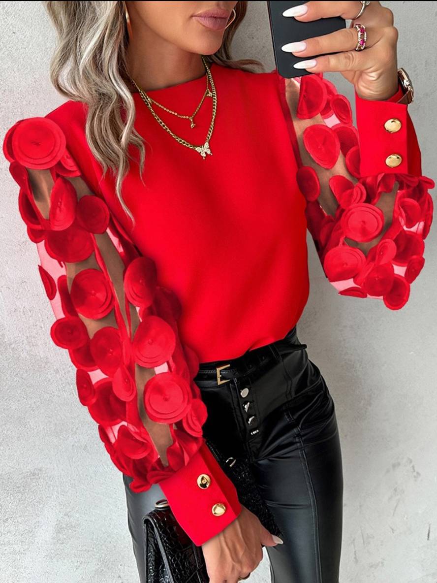Levoire | Blouse En Tricot Appliqué Avec Col Rond Tulle Manches Bishop Longues Élégante Décontractée Blouse Rot