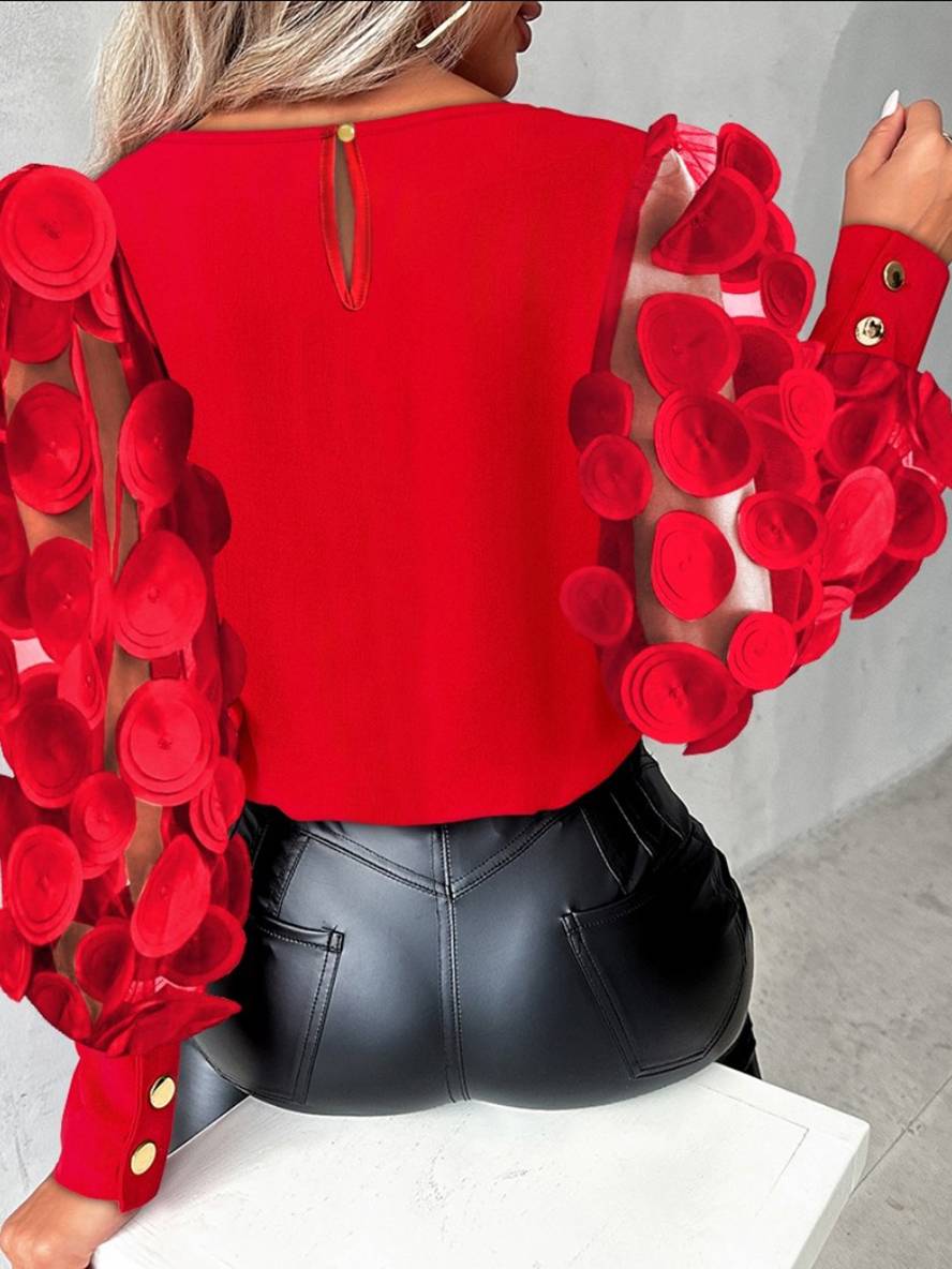 Levoire | Blouse En Tricot Appliqué Avec Col Rond Tulle Manches Bishop Longues Élégante Décontractée Blouse