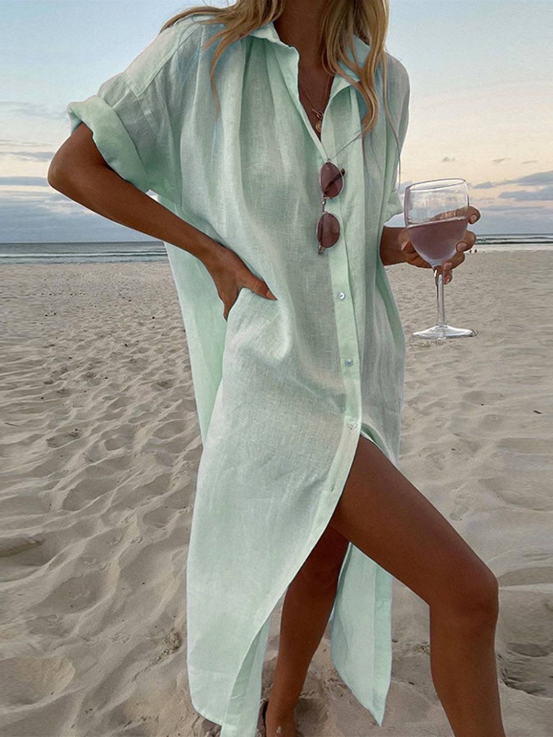 Levoire | Chemisier À Manches Longues Robe Coton Lin Fente Fermeture À Boutons Col Chemise Manches Longues Femme Oversize Décontracté Blouse De Plage Vert pastel