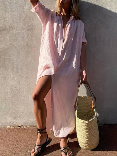 Levoire | Chemisier À Manches Longues Robe Coton Lin Fente Fermeture À Boutons Col Chemise Manches Longues Femme Oversize Décontracté Blouse De Plage