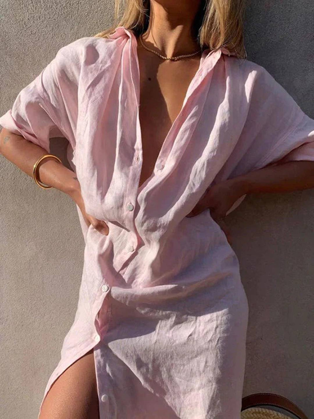 Levoire | Chemisier À Manches Longues Robe Coton Lin Fente Fermeture À Boutons Col Chemise Manches Longues Femme Oversize Décontracté Blouse De Plage