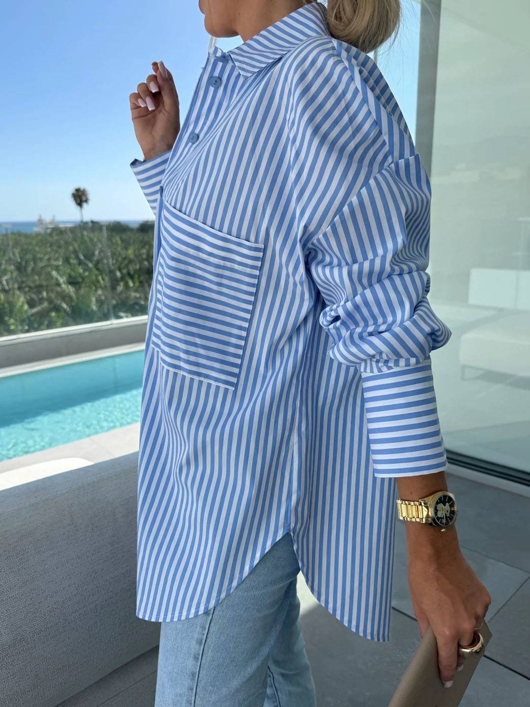 Levoire | Chemise À Rayures Boutonnée Col Manches Longues Femmes Élégante Sur Mesure Loisirs Grandes Tailles