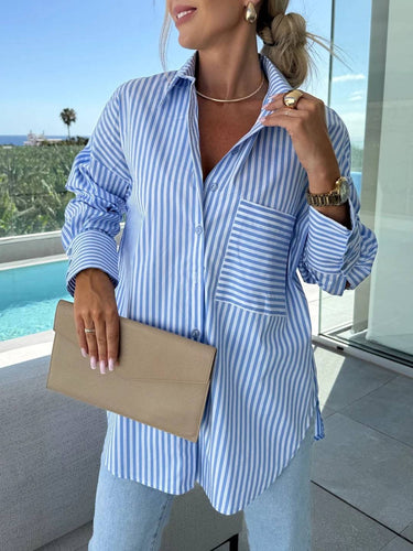 Levoire | Chemise À Rayures Boutonnée Col Manches Longues Femmes Élégante Sur Mesure Loisirs Grandes Tailles