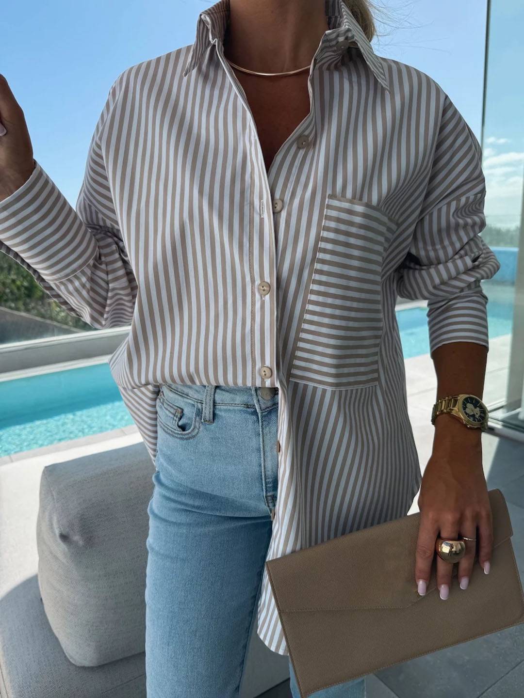 Levoire | Chemise À Rayures Boutonnée Col Manches Longues Femmes Élégante Sur Mesure Loisirs Grandes Tailles
