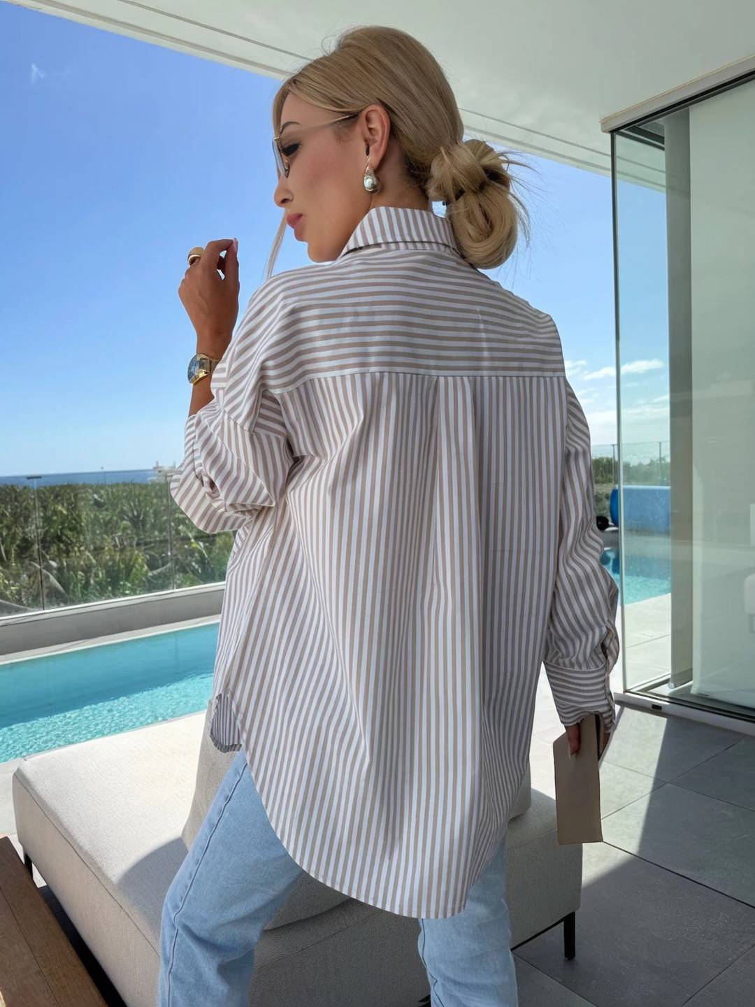 Levoire | Chemise À Rayures Boutonnée Col Manches Longues Femmes Élégante Sur Mesure Loisirs Grandes Tailles
