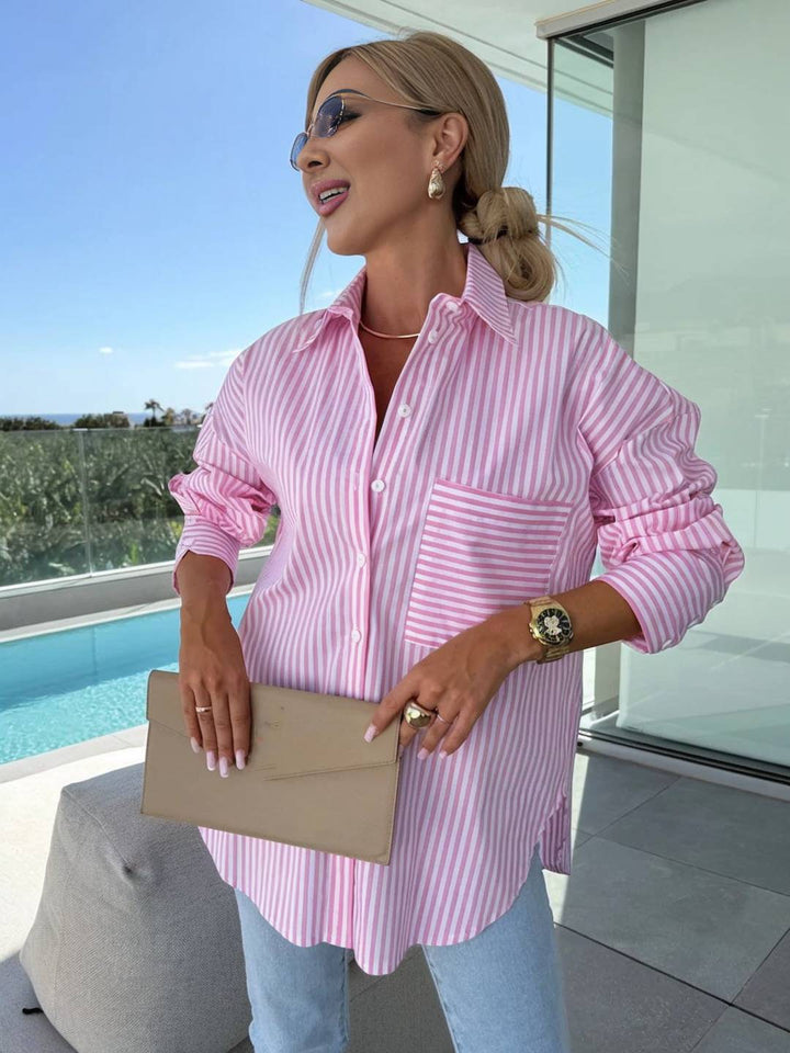 Levoire | Chemise À Rayures Boutonnée Col Manches Longues Femmes Élégante Sur Mesure Loisirs Grandes Tailles Rosa