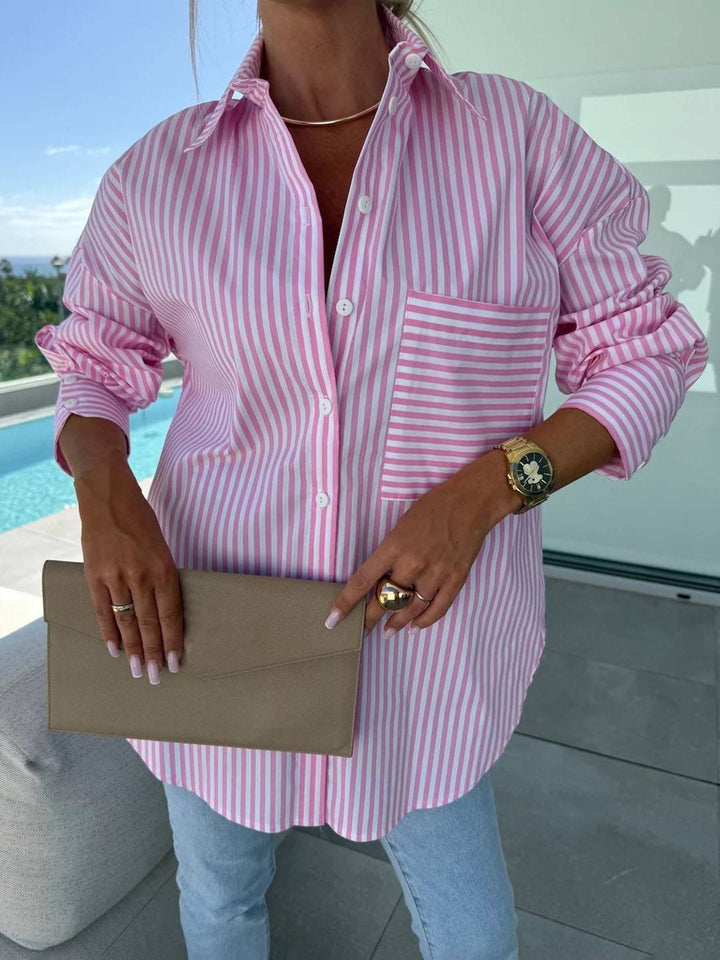 Levoire | Chemise À Rayures Boutonnée Col Manches Longues Femmes Élégante Sur Mesure Loisirs Grandes Tailles