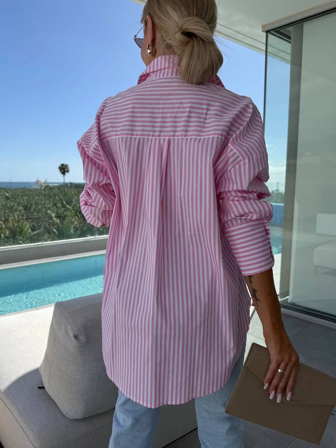 Levoire | Chemise À Rayures Boutonnée Col Manches Longues Femmes Élégante Sur Mesure Loisirs Grandes Tailles