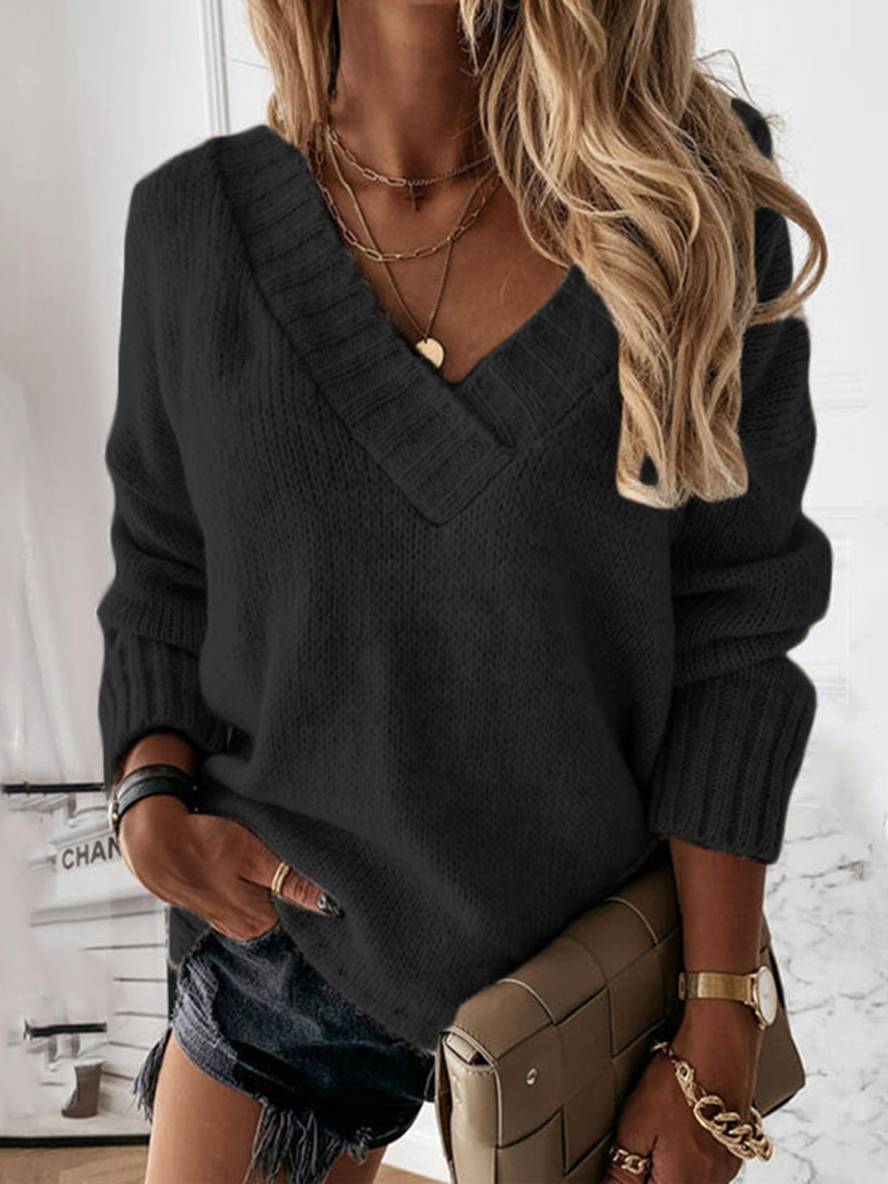 Levoire | Pull Uni Col V Longues Femmes Décontracté Large Hiver Noir