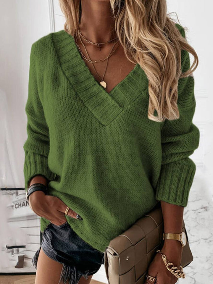 Levoire | Pull Uni Col V Longues Femmes Décontracté Large Hiver Vert olive