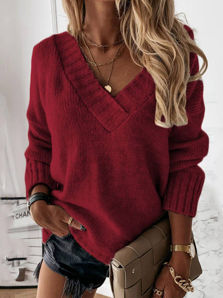 Levoire | Pull Uni Col V Longues Femmes Décontracté Large Hiver Bordeaux