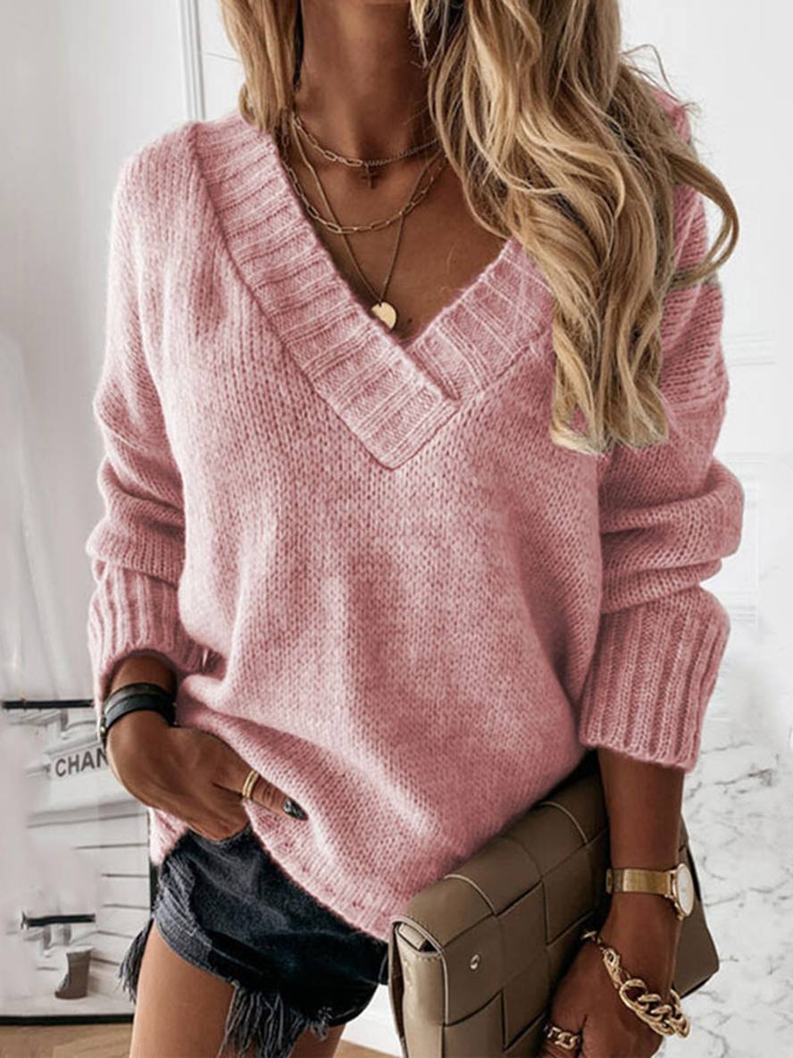 Levoire | Pull Uni Col V Longues Femmes Décontracté Large Hiver Rosa