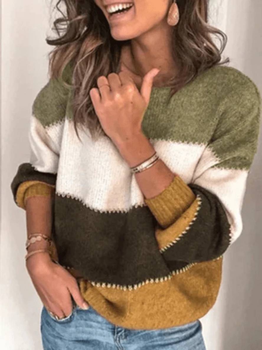 Levoire | Pull En Tricot Rayé À Blocs De Couleur Col Rond À Manches Longues Mode Décontractée Pour Femmes Automne Hiver Jaune