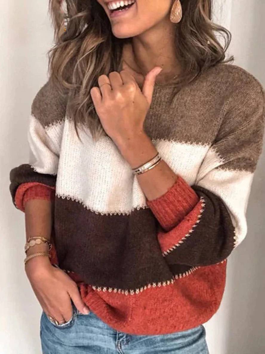 Levoire | Pull En Tricot Rayé À Blocs De Couleur Col Rond À Manches Longues Mode Décontractée Pour Femmes Automne Hiver
