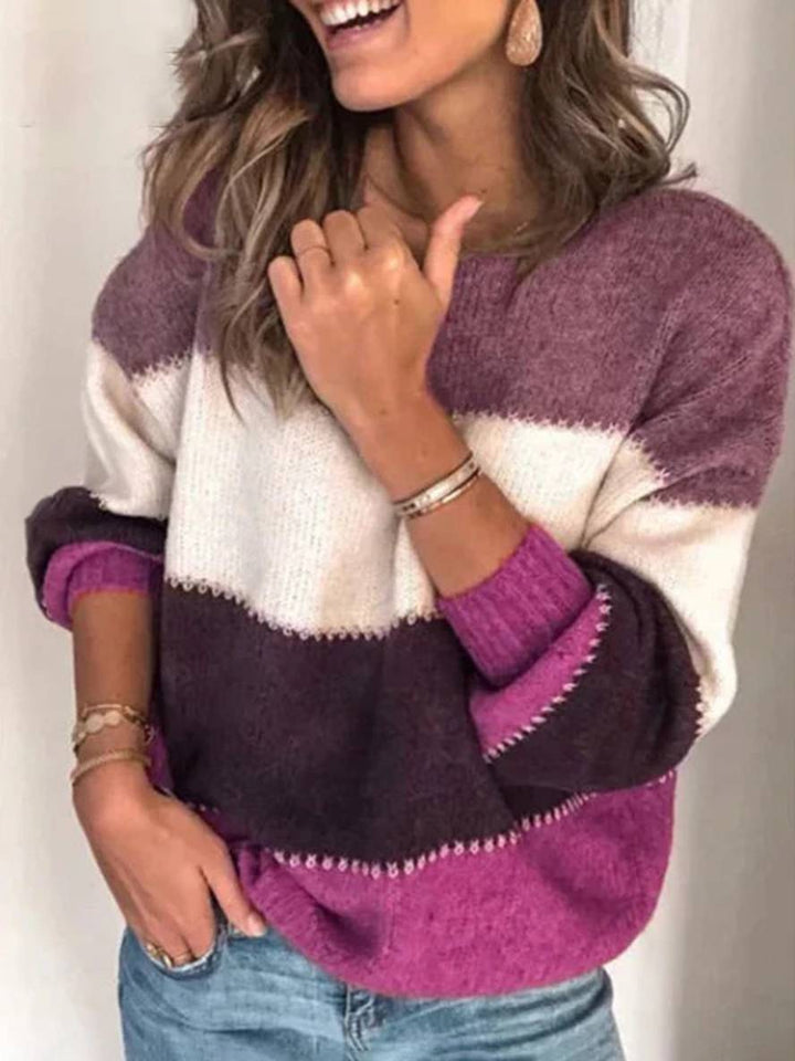 Levoire | Pull En Tricot Rayé À Blocs De Couleur Col Rond À Manches Longues Mode Décontractée Pour Femmes Automne Hiver Violet