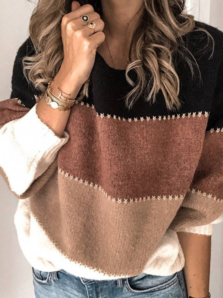 Levoire | Pull En Tricot Rayé À Blocs De Couleur Col Rond À Manches Longues Mode Décontractée Pour Femmes Automne Hiver Khaki