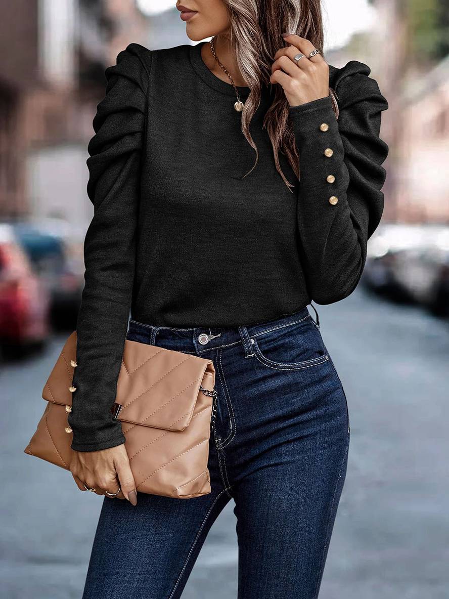 Levoire | Pull En Coton À Col Rond À Manches Bouffantes Longues Pour Femmes Mode Décontractée Élégante Haut Automne