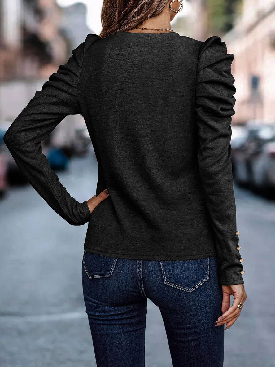 Levoire | Pull En Coton À Col Rond À Manches Bouffantes Longues Pour Femmes Mode Décontractée Élégante Haut Automne