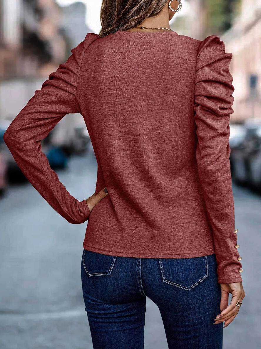 Levoire | Pull En Coton À Col Rond À Manches Bouffantes Longues Pour Femmes Mode Décontractée Élégante Haut Automne