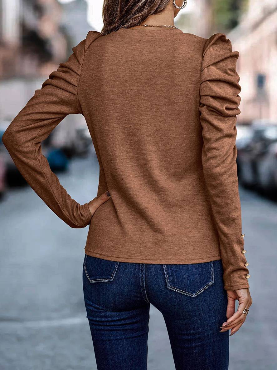 Levoire | Pull En Coton À Col Rond À Manches Bouffantes Longues Pour Femmes Mode Décontractée Élégante Haut Automne
