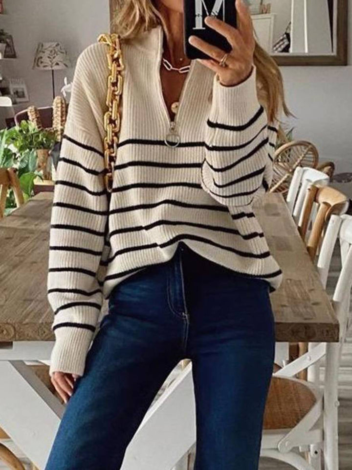 Levoire | Pull Rayé Mohair Angora V-Cou Fermeture Éclair Col Rond Femme Mode Décontractée Vêtements De Loisirs