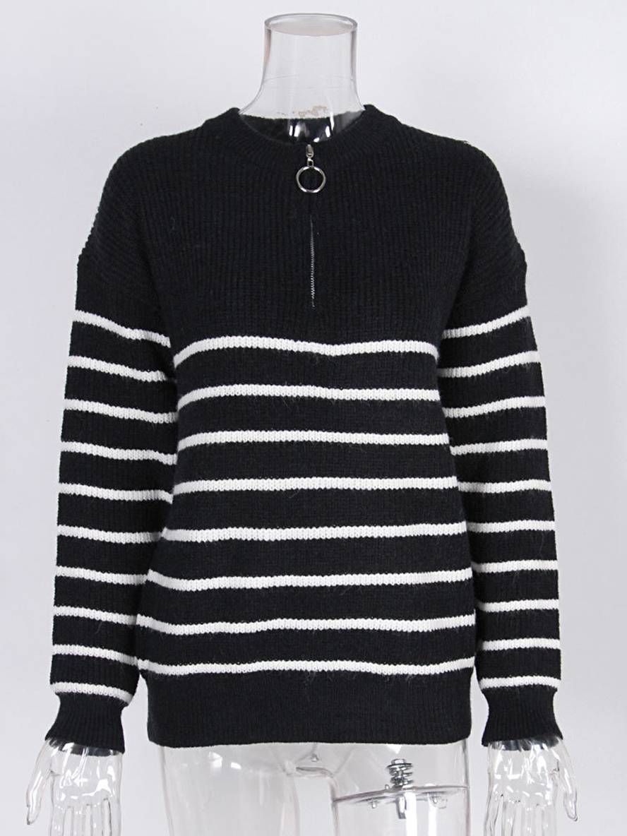 Levoire | Pull Rayé Mohair Angora V-Cou Fermeture Éclair Col Rond Femme Mode Décontractée Vêtements De Loisirs