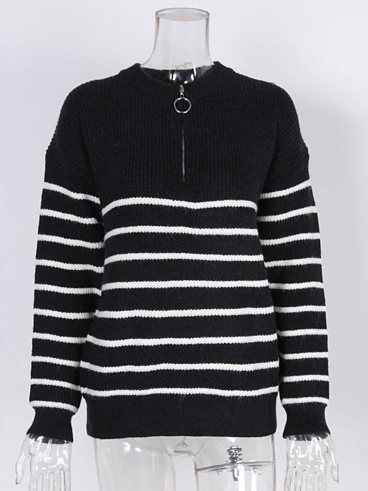 Levoire | Pull Rayé Mohair Angora V-Cou Fermeture Éclair Col Rond Femme Mode Décontractée Vêtements De Loisirs