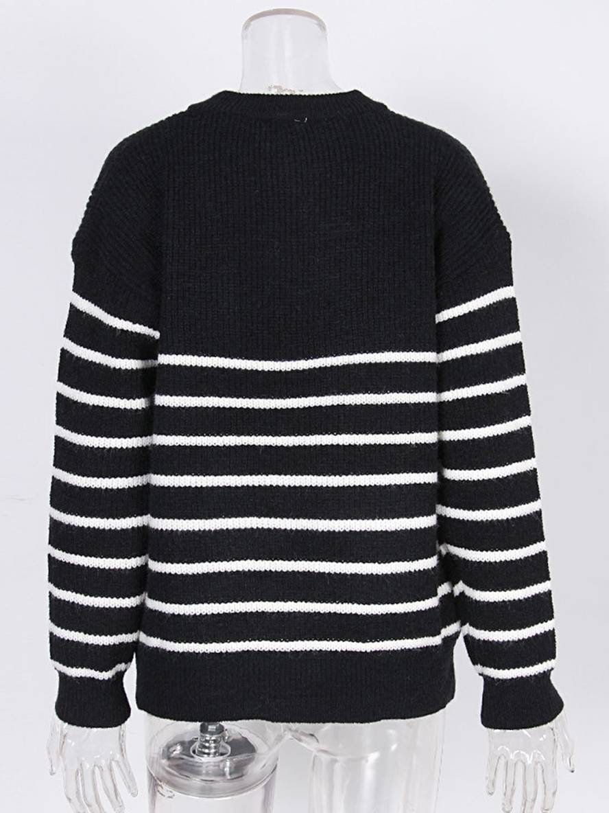 Levoire | Pull Rayé Mohair Angora V-Cou Fermeture Éclair Col Rond Femme Mode Décontractée Vêtements De Loisirs