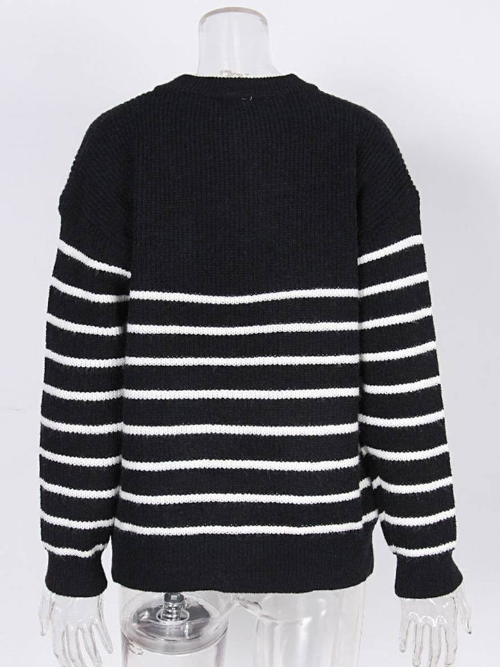 Levoire | Pull Rayé Mohair Angora V-Cou Fermeture Éclair Col Rond Femme Mode Décontractée Vêtements De Loisirs