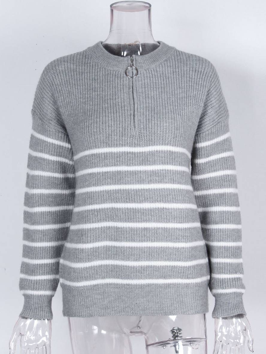 Levoire | Pull Rayé Mohair Angora V-Cou Fermeture Éclair Col Rond Femme Mode Décontractée Vêtements De Loisirs