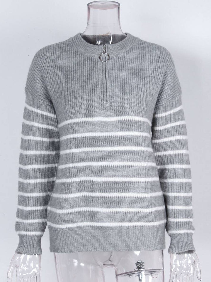 Levoire | Pull Rayé Mohair Angora V-Cou Fermeture Éclair Col Rond Femme Mode Décontractée Vêtements De Loisirs